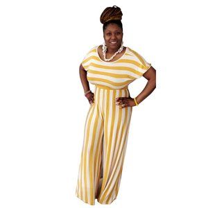 Women's Batwing Sleeve Striped Wide Leg Jumpsuit Back Button Closure Mustard